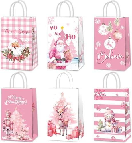 Justforjoyful 12Pcs Pink Christmas Party Favor Bags Pink Santa Claus Treat Bags Xmas Snowman Goody Bags Merry Christmas Paper Gift Bag with Handle Decorations for Winter Holiday Party Supplies