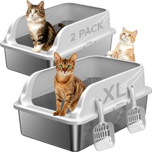 2PACK Stainless Steel Cat Litter Boxes, XL Large Metal Litter Box with High Sides Lid, Odor Free Litter Pan Include Scoop Easy Cleaning Anti-Scratch Kitty Cat Box Anti-Urine Leakage, Non-Sticky