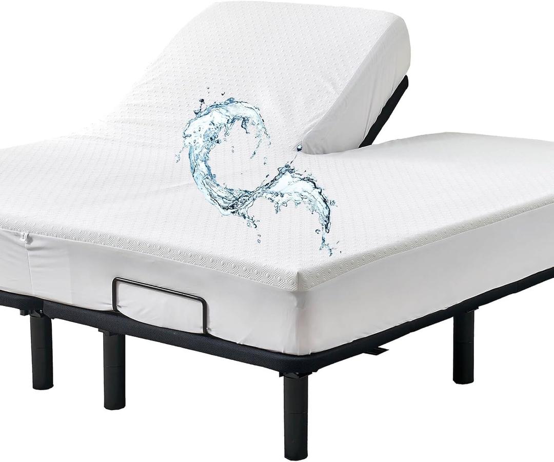 Kingnex Waterproof Cooler Bamboo Viscose Split Top King Mattress Protector for Adjustable Bed with Upper Flex 32-34 from Head Fitted Mattress Cover (White)