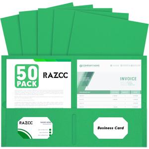 Two Pocket Folders, RAZCC 50 Pack 2 Pocket Folders Fit Letter Size Paper, Paper Folders with Pockets for School Office Business Home (Green)