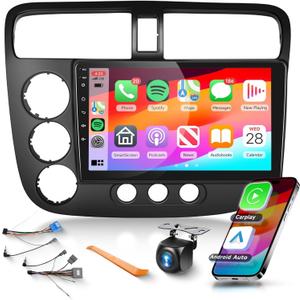 Podofo Car Stereo for Honda Civic 2001 2002 2003 2004 2005 Radio,Built-in DSP EQ Wireless CarPlay/Android Auto/MirrorLink/9inch HD IPS Touch Screen 26UIs/Bluetooth/GPS Chip/WiFi/AHD Backup Camera/SWC