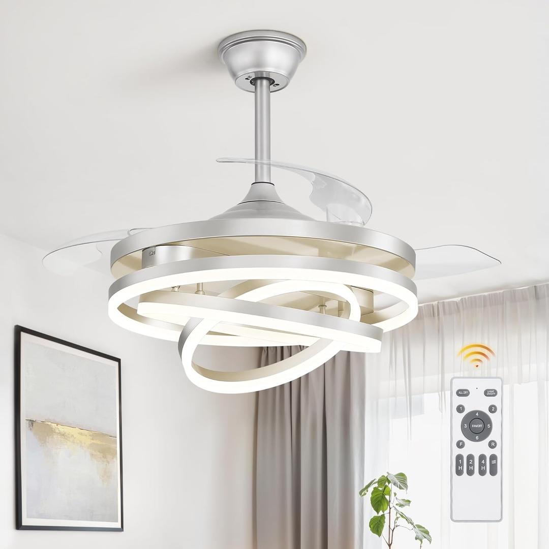 LEDIARY 42 Inch Retractable Ceiling Fan with Lights, Fandelier Ceiling Fan with 6 Speeds,3000K-6000K Adjustable,and DC Motor,Chandelier Ceiling Fans with Lights for Bedroom Living Room,Silver