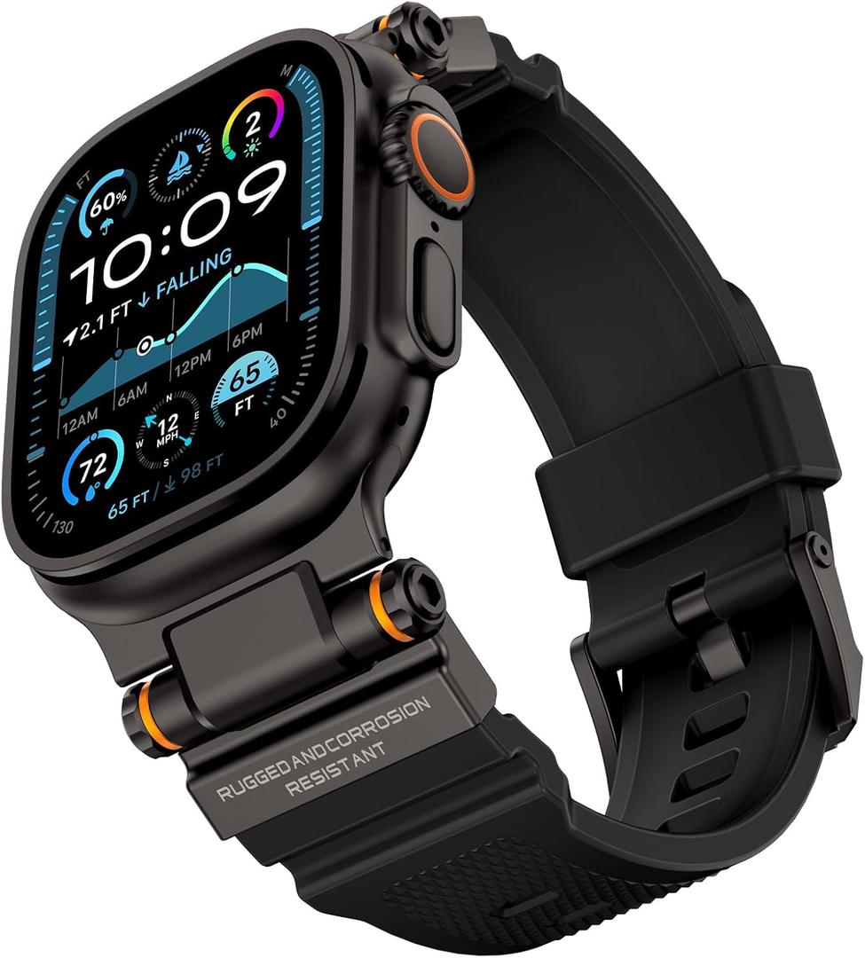 Rugged Band Compatible with Apple Watch Ultra 3/2/1 Band 49mm/46mm/45mm/44mm/42mm, Metal Connector with Silicone Strap for iWatch Ultra Series 11/10/9/8/7/6/SE3/SE2/SE/5/4/3/2/1, Black/Black