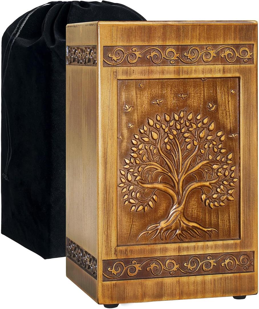 Wooden Cremation Urn for Human Ashes Adult Male Female Tree of Life Carving Handmade Wood Funeral Decorative Memorial Urns Box, Holds 270 Cubic Inch