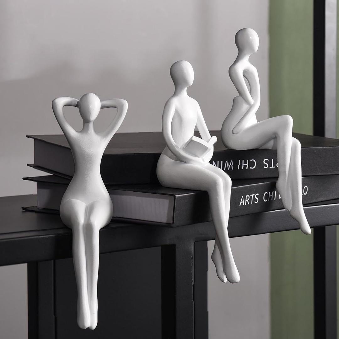 Quoowiit White Thinker Statue Unique Ornament Sculpture, Art Modern Home Decor Accents Bookshelf Decor, Creative Table Decorations for Living Room Desk 3 Piece