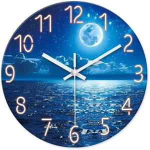XFM Analog Blue Moon Wall Clock Silent Non Ticking Lake Decorative Wall Clocks Battery Operated 12 Inch Glass Round Wall Clock Kitchen Living Room Office