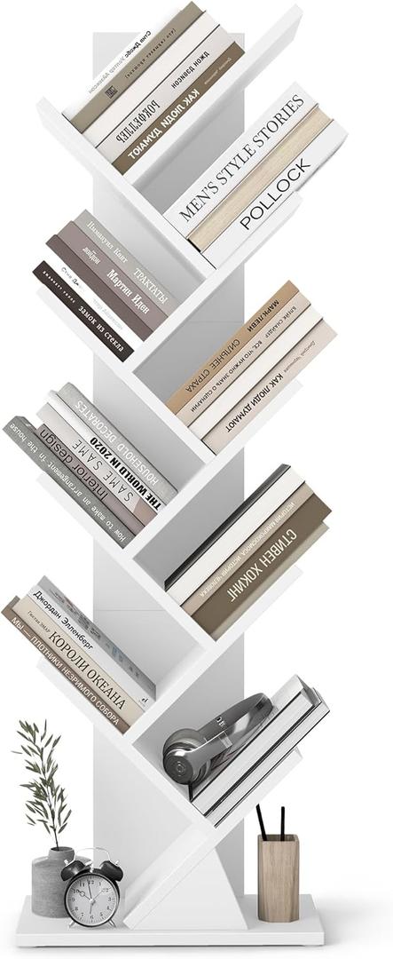 VASAGLE Custos Collection - Tree Bookshelf, Modern Bookcase, Floor Standing Book Shelf, for Bedroom, Living Room, Home Office, 7.9 x 15 x 45.4 Inches, Cloud White ULBC609W01