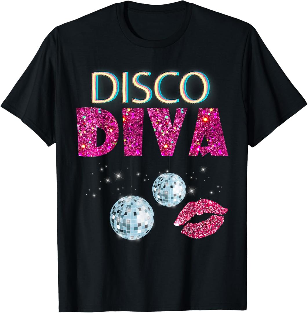 Disco Diva Ladies Disco Gold Ball Silver Red Lips T-Shirt (Small, Black)