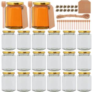 10 oz Honey Jars with Dipper, 20 Pack Hexagon Glass Jars with Golden Lids, Wooden Honey Sticks for Baby Shower Favors/Wedding Favors for Guests