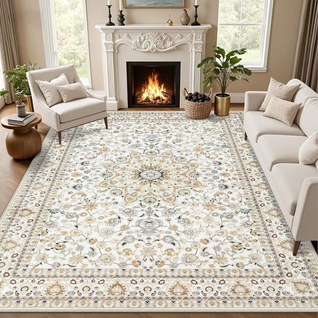 8x10 Area Rugs for Living Room: Washable Rug Soft Vintage Boho Carpet Indoor Floor Non-Slip Stain Resistant Floral Large Carpets for Bedroom Dining Room Farmhouse Nursery Home Office Beige