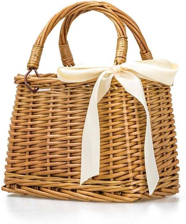 QTMY Bow Rattan Woven Bag Straw Bags Top Handle Wicker Baskets Handbags Boho Style Beach Bag Flower Basket