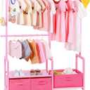 Bamboo Kids Clothing Rack with Triple Hanging Poles, Child Dress Up Rack, Small Organizer Garment Rack with 3 Storage Bins, for Costumes and Accessories (Pink)