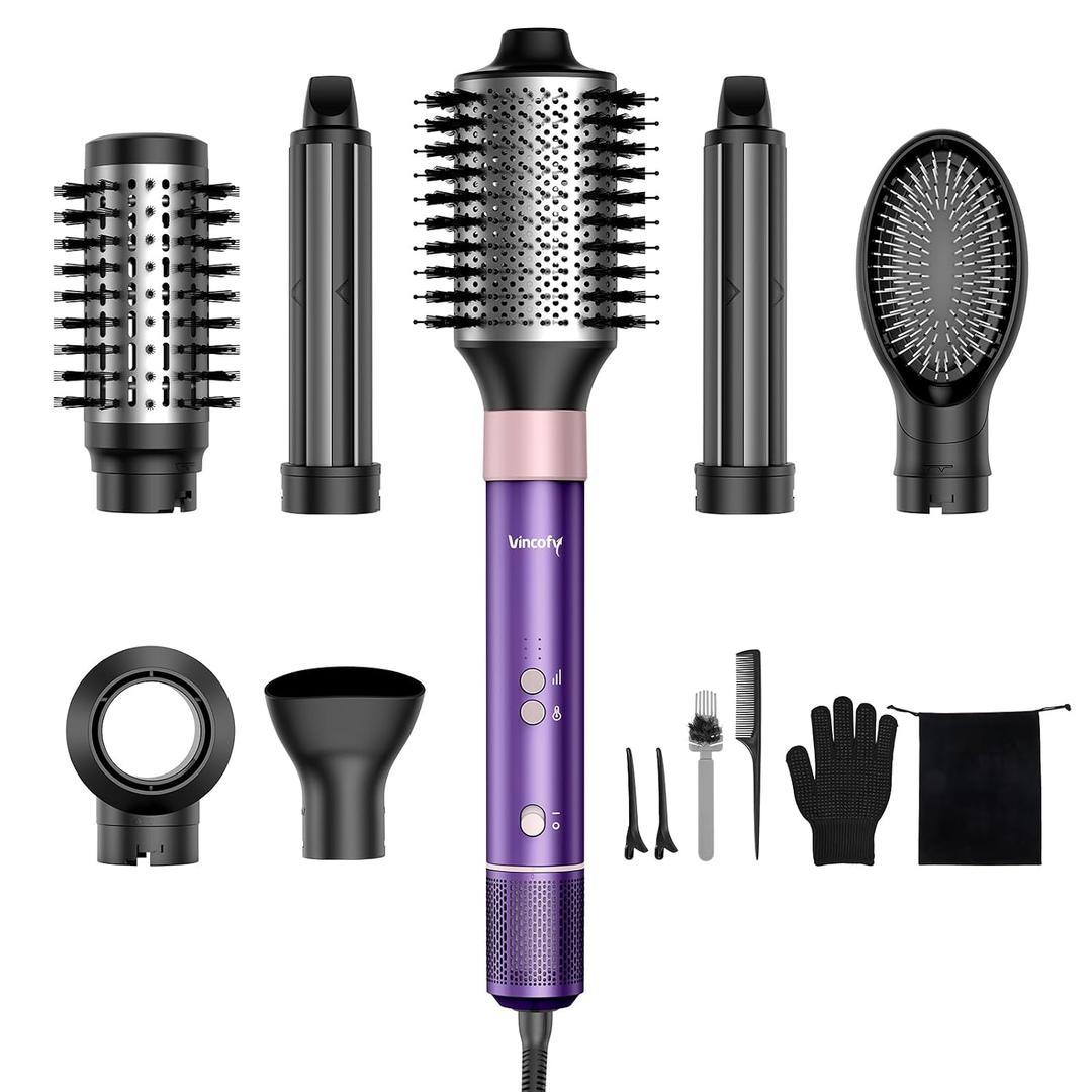 Vincofy 7 in 1 Blow Dryer Brush Set Hot Air Styler for Fast Drying, Curling, Straightening & Volumizing Ionic Hair Dryer Brush with 1500W Power No Heat Damage for All Hair Types Lilac