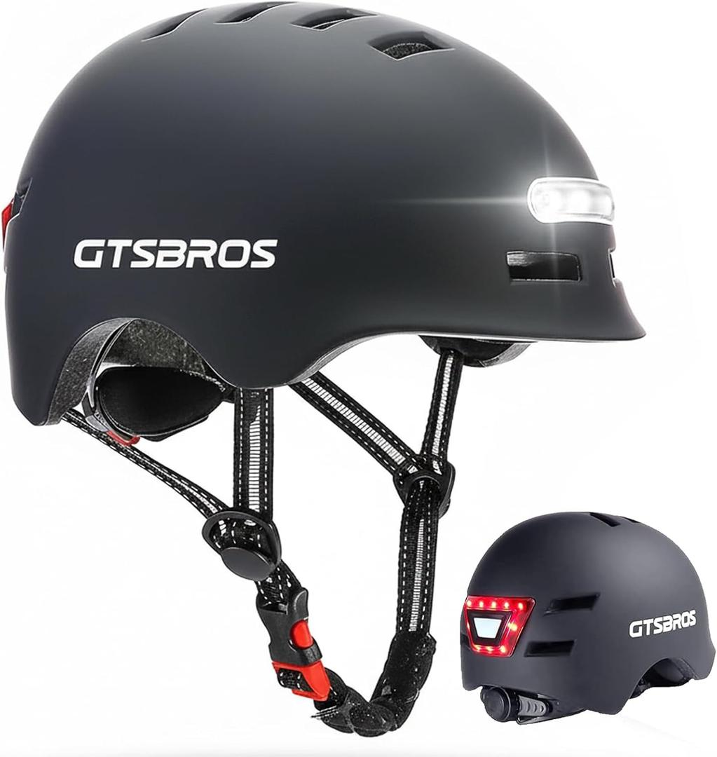 Bike Helmets for Adults - Front and Rear LED Lights Adjustable Bicycle Helmet for Adults Men Women Scooter Helmet for Commuting, Road Biking, Skating, Scooter (S/M 52.5-55.5CM, Black)