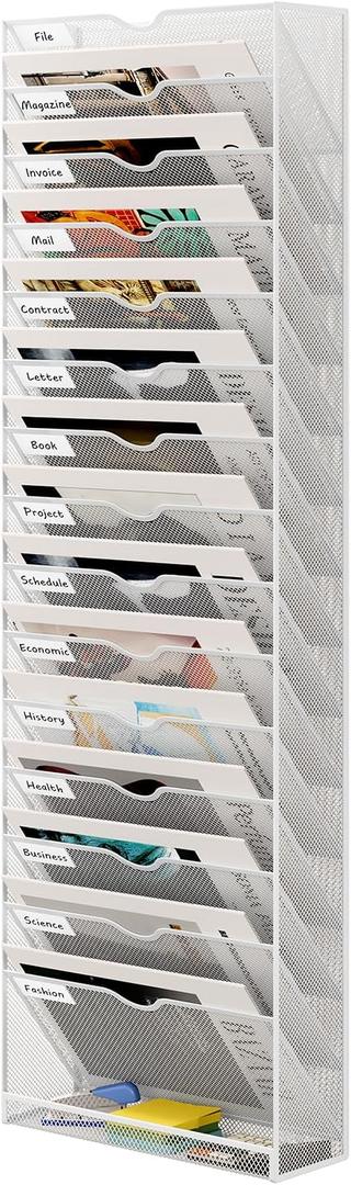 16 Tier Hanging Wall File Holder, Metal A4 Wall Mounted Document Holder, Vertical Hanging Mail Organizer, Magazine Storage Rack with Tray for Office Home Classroom, White