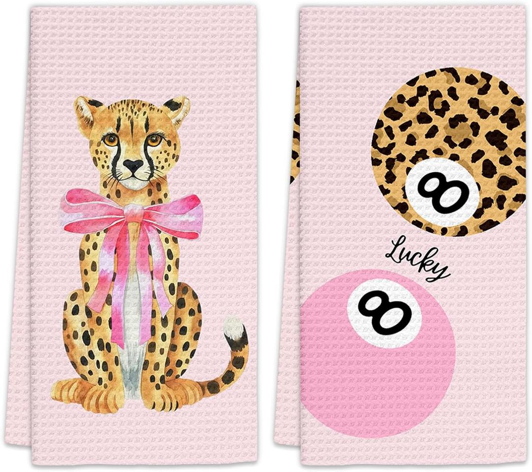 Pink Leopard Decor Hand Towels Set of 2 - Trendy Pink Preppy Leopard 8 Ball Kitchen Towels, Coquette Bow Cheetah Decor Hand Towel for Bathroom Kitchen, Preppy Coquette Bathroom Decor(16x24Inch)