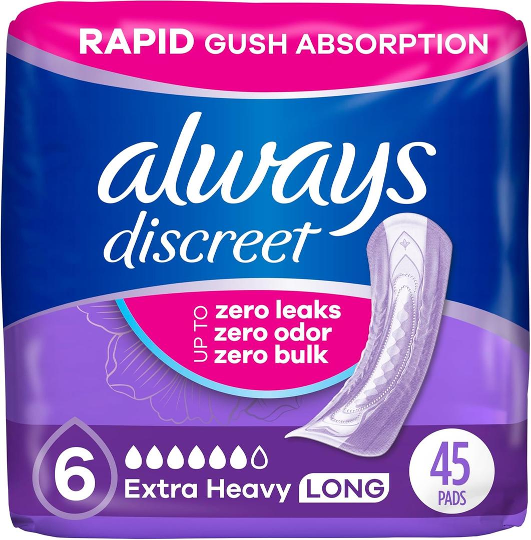 Always Discreet Adult Incontinence Pads for Women, Extra Heavy Absorbency, Long Length, Postpartum Pads, 45 Count (Packaging May Vary) (6-drop)