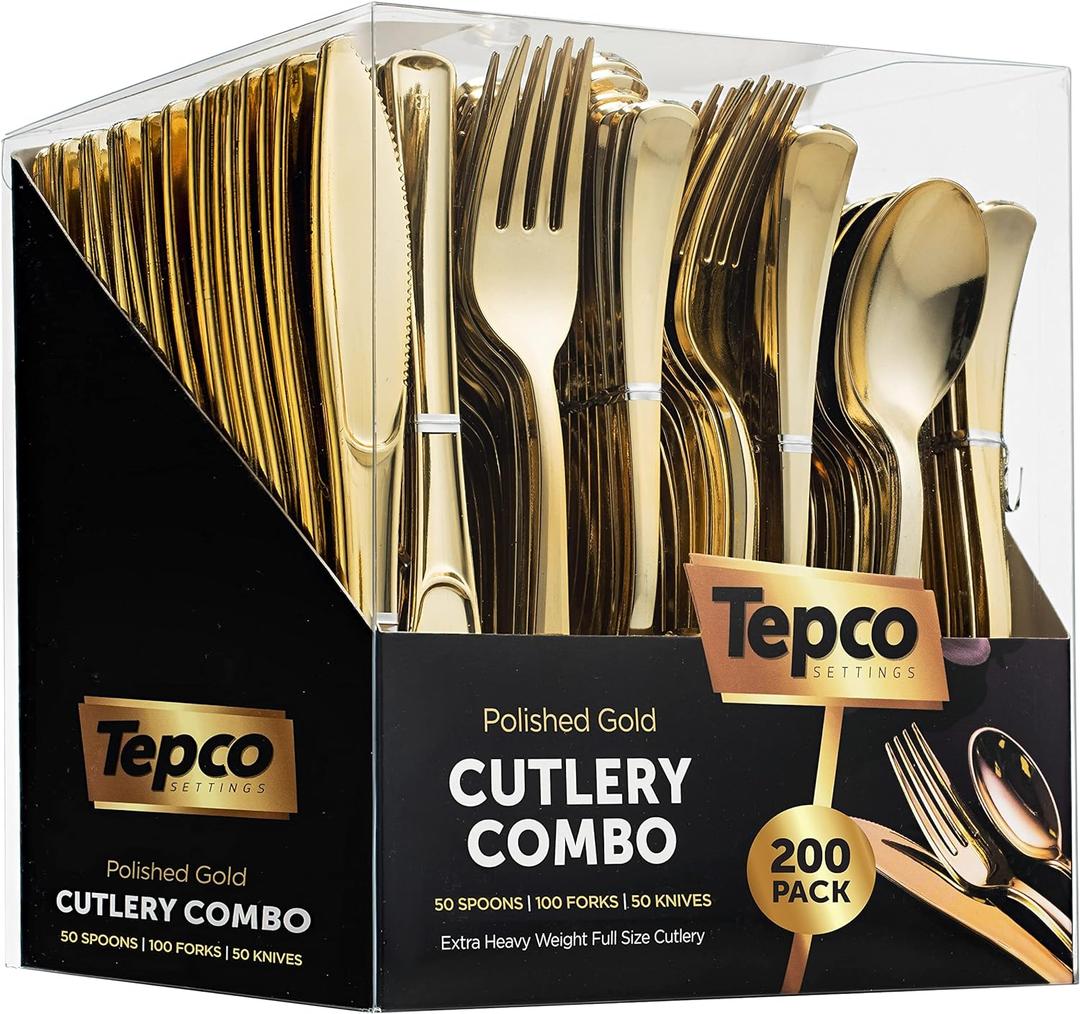 200-Piece Gold Plastic Cutlery Set - Disposable Gold Flatware - 100 Forks, 50 Spoons, 50 Heavy Duty Knives for Party Bulk