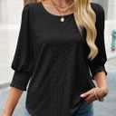 Tankaneo Womens 3/4 Length Sleeve Ladies Tops and Blouses Casual Eyelet Top Crewneck Dressy Shirts with Smocked Cuffs 2025