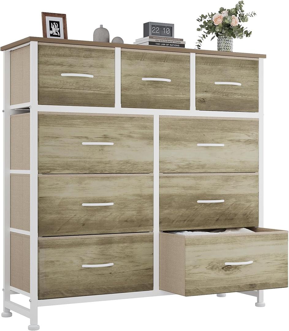 OLIXIS 9 Drawer Storage Dresser with Wood Top - Wide Fabric Chest Organizer for Bedroom, Closet, Living Room,Tower Cabinet, TV Stand, Hallway Entryway Furniture,Oak Greige