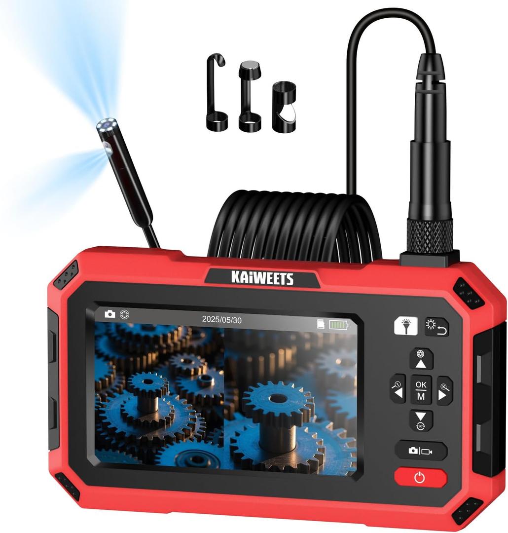Endoscope Camera with Light, 1920P Dual Lens Industrial Borescope with 5" IPS Split-Screen, IP67 Waterproof Sewer Inspection Camera, 16.5FT Semi-Rigid Snake Cable for Automotive Plumbing