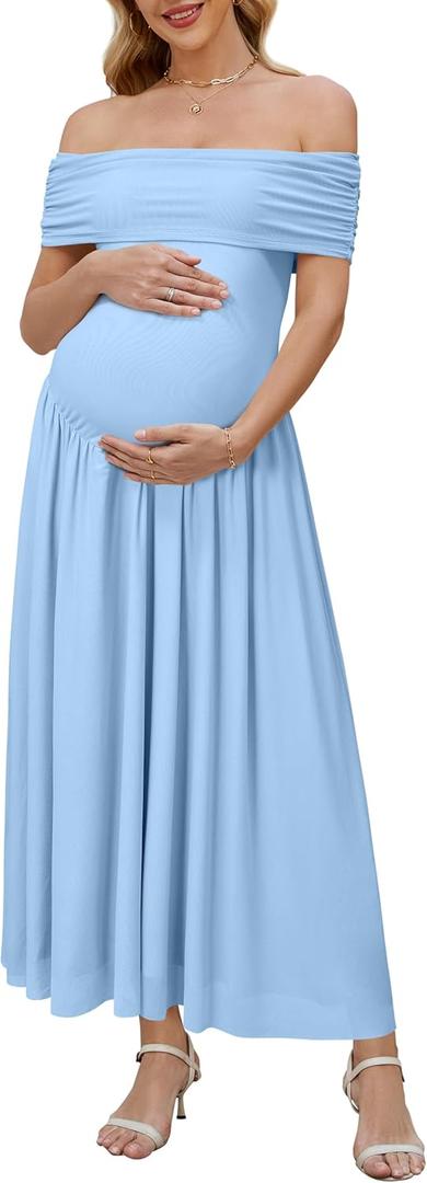 OUGES Women's 2025 Off The Shoulder Mesh Maxi Maternity Dress for Photoshoot Baby Shower Sleeveless Formal Long Dresses, S