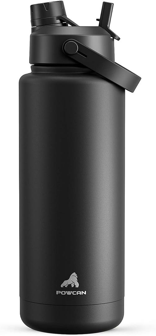 POWCAN 40 oz Insulated Water Bottle with 2-in-1 Straw and Spout Lid, Keep Cold 24H, Leak-Proof, BPA-Free, Double Wall Stainless Steel Water Bottle for Sports, Gym, Travel, and School (Dark Knight)