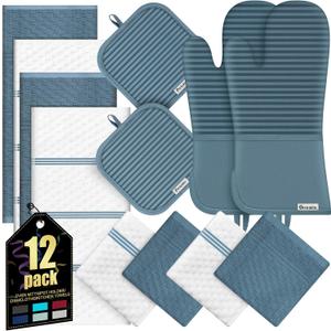 Oven Mitts Kitchen Towels and Dishcloths with Pot Holders Sets, Oven Gloves Hot Pads 500F Heat Resistant with Silicone Grip, Include 2 Cooking Gloves/2 Potholders/4 Kitchen Towels/4 Dish Towels