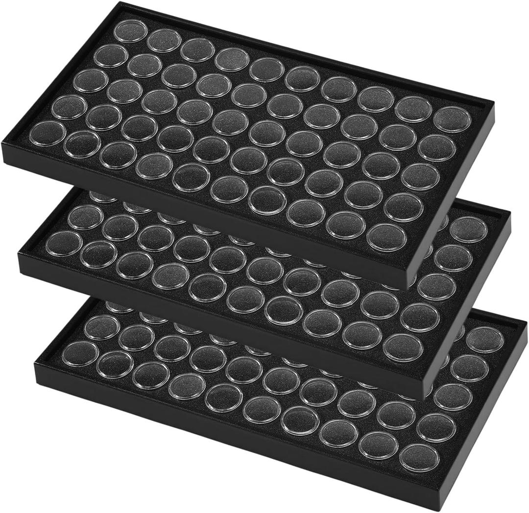 Geelin 3 Pcs Gem Display 150 Case Gem Jars Small Size 14.5" x 7.8" x 0.75" Black Tray Foam Sheet Gemstones Storage Jars with Lids Insert Trays for Collectibles Jewelry Coins and Gemstone Storage