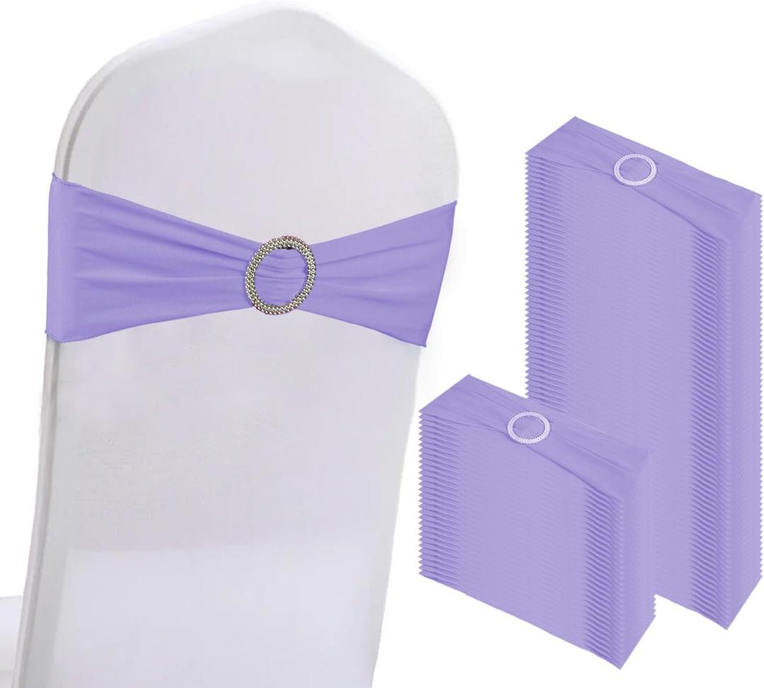 WJWHQ 100PCS Spandex Stretch Chair Sashes Bows Elastic Chair Cover Bands Ties with Buckle Slider for Wedding Party Reception Events Universal Ceremony Banquet Decorations(Light Purple)