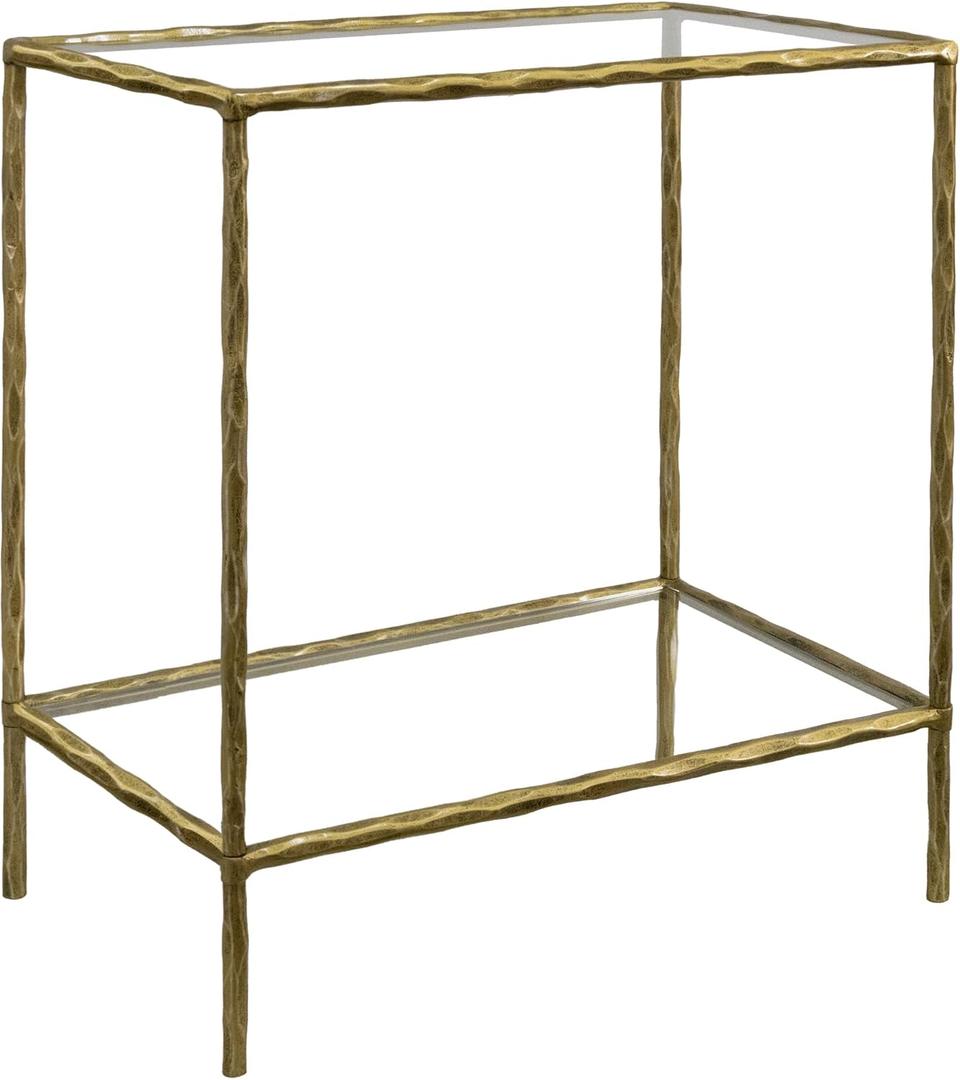 BEGINS Hand Forged Side Table 2 Tier, Vintage End Table Glass Top Coffee Table, Accent Table with Solid Hammered Frame, Suitable for Living Room, Bedroom, Study Room, Entryway (Gold, Rectangle)