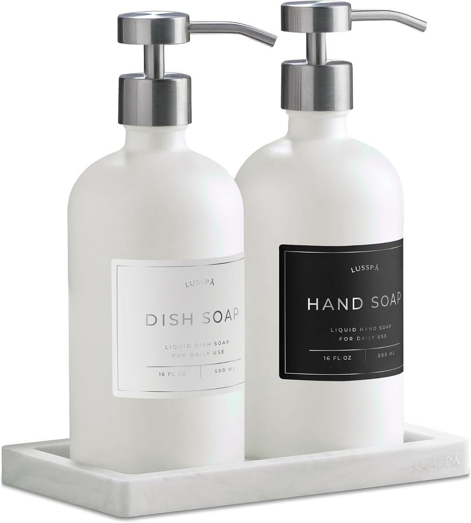 Glass Soap Dispenser Set of 2 (White) with Silicone Tray | Hand and Dish Soap Dispenser for Kitchen and Bathroom | 16.8 Oz Glass Bottles with Stainless Steel Pump & 15 Waterproof Labels (White/Silver)