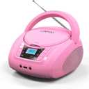 LONPOO CD Player Portable Boombox with FM Radio/USB/Bluetooth/AUX Input and Earphone Jack Output, Stereo Sound Speaker & Audio Player,Pink