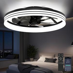 AIKVSXER Ceiling Fan with Light,20" Flush Mount Ceiling Fan,6 Speeds,3000-6500K Dimmable LED, App & Remote Control, Quiet DC Motor, for Bedroom, Living Room Modern Ceiling Fans with Lights(Black)
