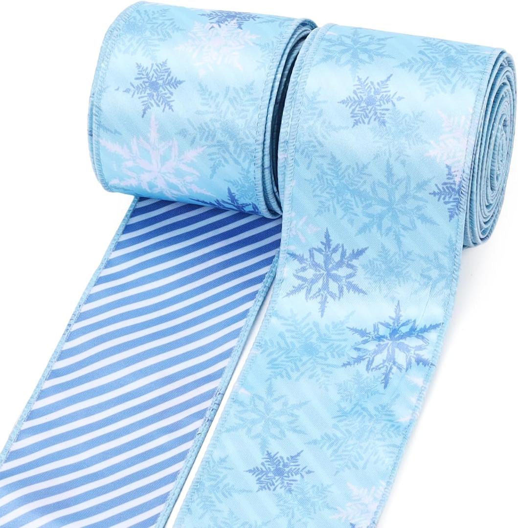 LaRibbons Christmas Wired Ribbon 2.5 inch Double Faced Blue Snowflakes and Striped Christmas Ribbon for Tree Garland, Wreath Bow, Xmas Crafts Decorations, 2 Rolls 10 Yards Total