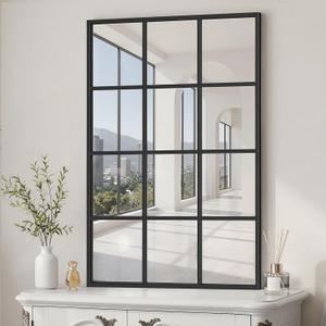 Window Pane Mirror, 38x26 Decorative Wall Mirrors, Black Metal Framed Windowpane Mirror for Farmhouse & Modern Bedroom, Living Room, Dining Room, Entryway, Fireplace Decor with Hanging or Leaning