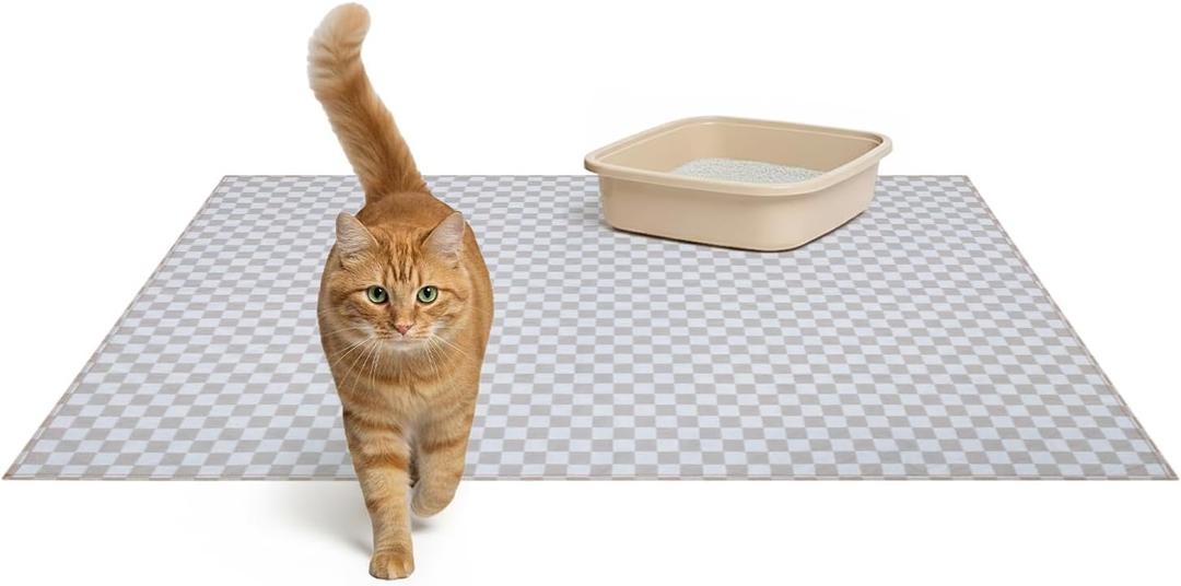Lovewag Pets Cat Litter Box Mats 2 Pack - Large 36x48 Inch Machine Washable, Easy Clean,Non-Slip,Waterproof Mats for Indoor Cats-Kitty Litter Mess Control & Pet Urine Floor Protection (Taupe Checkers)
