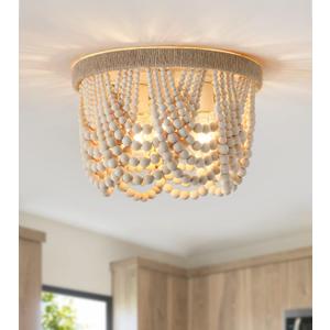 AMZASA Wood Beaded Flush Mount Ceiling Light Farmhouse Rustic Small Boho Chandelier Light Fixture for Bedroom Hallway Entryway Closet Kitchen Dining Room Living Room Nursery 3-Lights