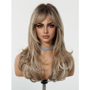 Long Blonde Wig with Bangs Wavy Curly Ombre Wig with Dark Root Synthetic Heat Resistant Wigs Blonde Mixed Brown