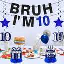 Kuxriox 11Pcs 10th Birthday Decorations for Boys Men, Blue Sliver Happy 10th Birthday Banner, Bruh I'm 10 Balloons Centerpieces Swirls Party Supplies, 10 Years Bday Banner Ceiling Table Topper Sign