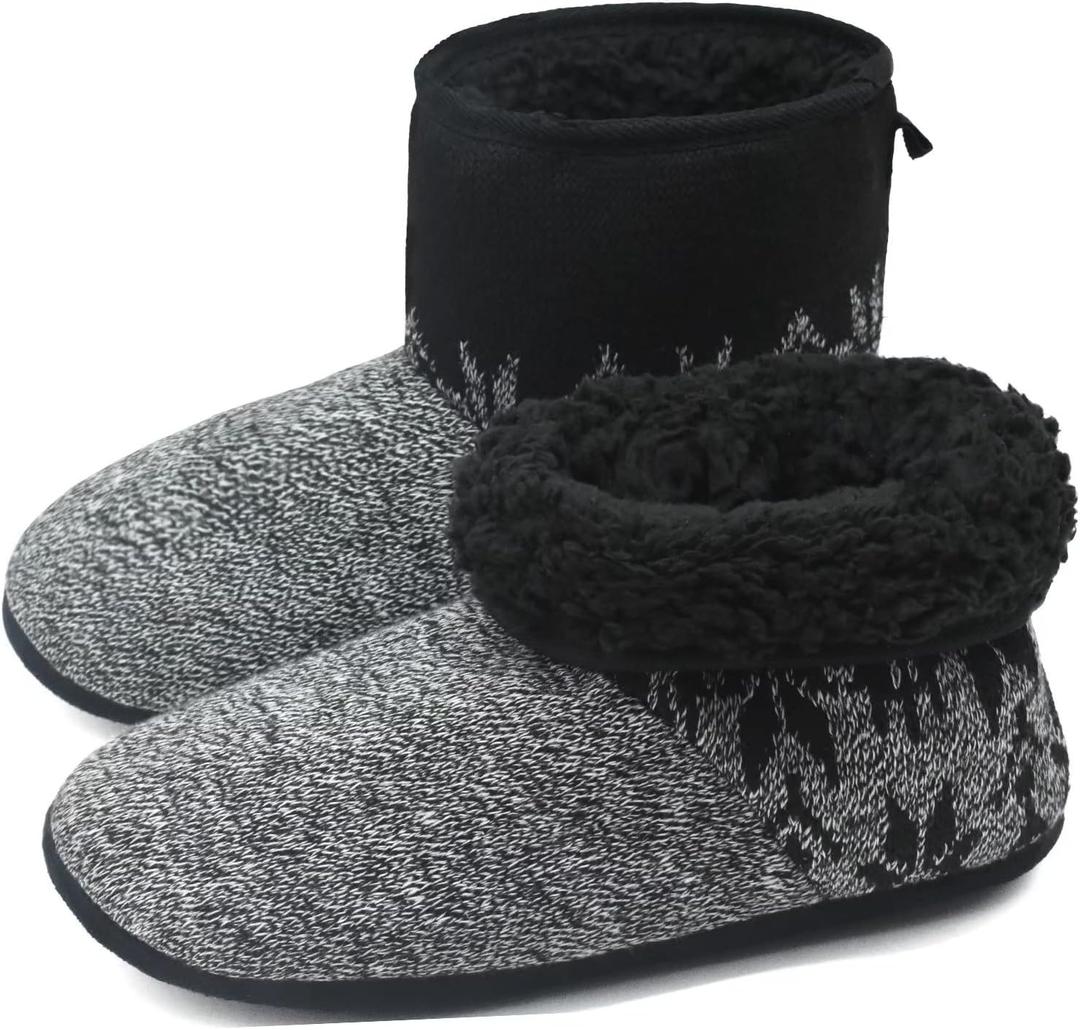 ONCAI Mens-Slipper-Boots-Winter-Fleece-House-Slippers Knitted Indoor Flat Warm Wool Booties Pull On Memory Foam Outdoor Non-Slip Ankle Bedroom Boot Slippers with Soft Rubber Sole (7, Grey)