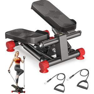 soges Steppers for Exercise at Home, Mini Stepper with Resistance Bands, Stair Stepper Machine with 300LBS Loading Capacity, Hydraulic Step Exercise Equipment with LCD Monitor, Red