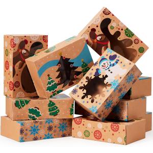JOYIN 12PCS Christmas Cookie Boxes for Gift Giving, 8.75" x 5.75" x 2.75" Xmas Holiday Treat Cookie Tin with Window, 3 Designs Brown Foiled Kraft Bakery Box for Pastries, Cupcakes, Brownies, Doughnut