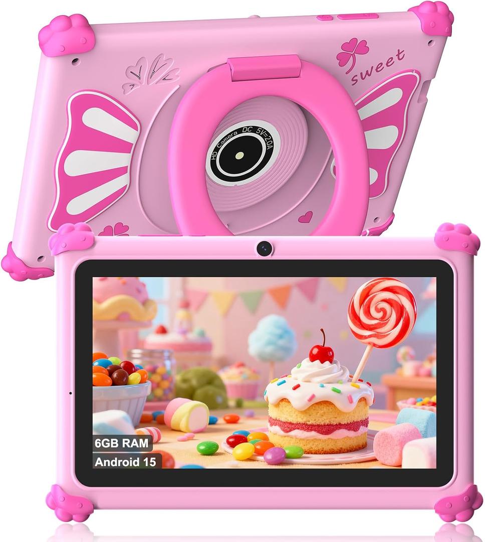 ascrecem Kids Tablets 7 Inch Android 15 Toddler Tablet for Kids with 2.4G+5G WiFi6 Penta Core 6GB RAM 32GB ROM Childrens Tablet Dual Camera 128GB Expandable Parental Control Educational Games (Pink)