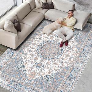 Vhong Boho Area Rugs Vintage Washable Modern Neutral Large Carpet Tan and Blue 8×10 High Traffic Rugs for Dinning Room Living Room Bedroom Farmhouse Non Slip