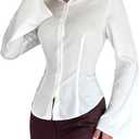 GORGLITTER Women's Fitted Button Up Shirt Cinched Waist Bell Sleeve Blouses Dressy Collar Neck Business Casual Outfits, Large