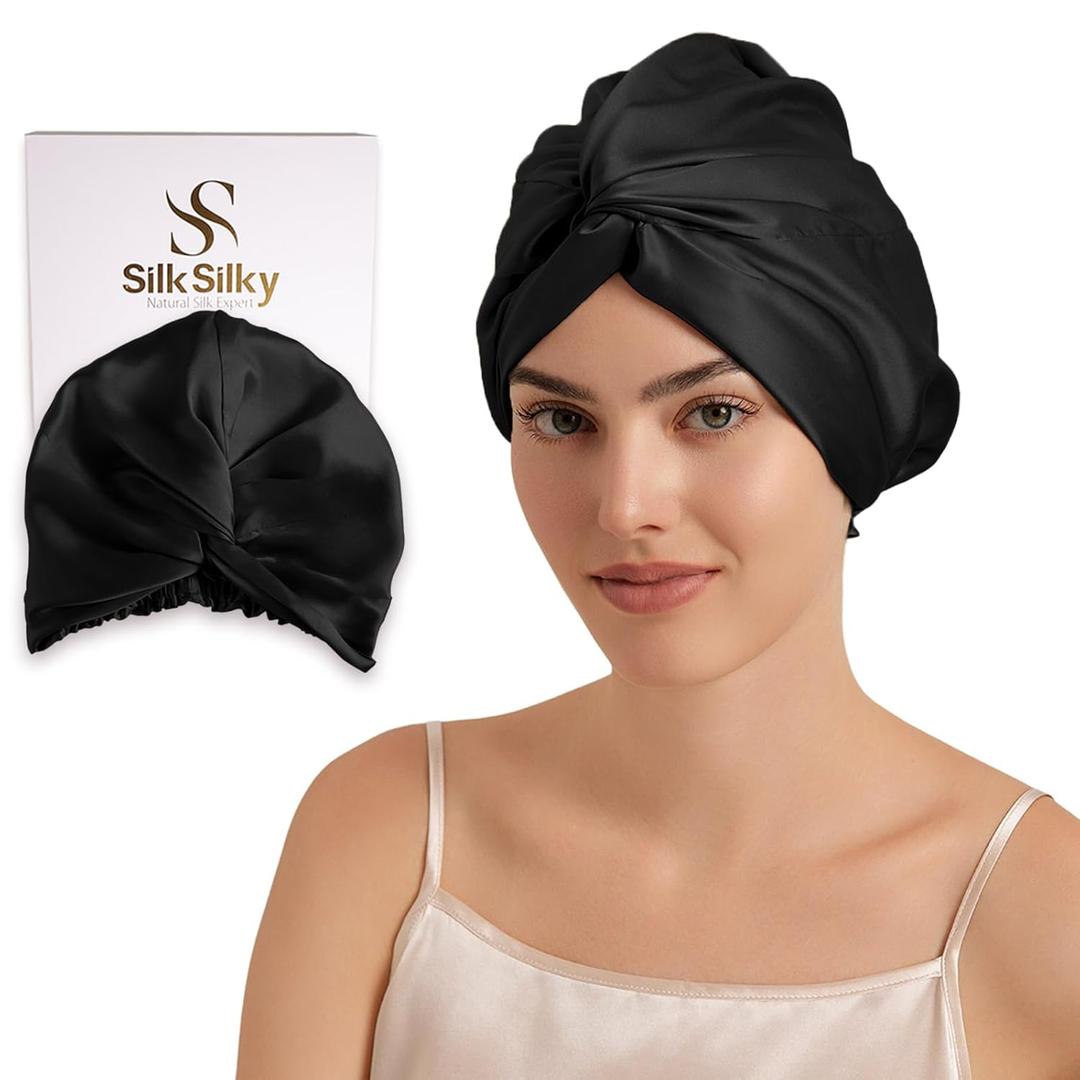 SilkSilky 22 Momme 100% Mulberry Silk Bonnet for Sleeping Women, Double-Layer 6A Grade Silk Hair Wrap, Adjustable Sleep Cap for Frizz-Free Hair Protection (Black)
