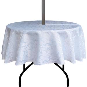 Damask Outdoor Tablecloth Water Resistant Polyester Fabric Table Cover with Zipper Umbrella Hole for Garden Patio Tabletop 60Inch Round,White