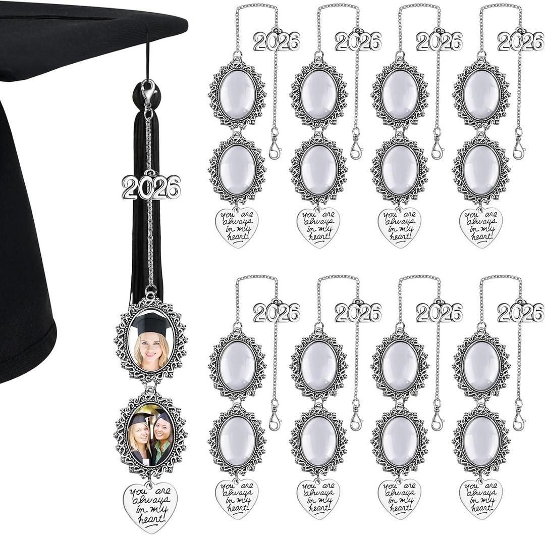 Sureio 8 Pcs Graduation Cap Memorial Photo Charm Tassel Charms for 2024 Graduation Cap Tassel Charm Memorial Photo Class Decorations Graduation Gifts to the Cap Topper(Silver, Heart)