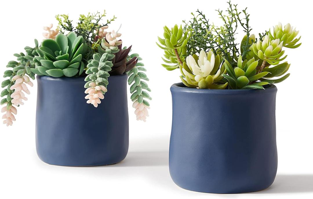 Artificial Succulent in Ceramic Pots, 2 Packs Large Faux Fake Plants Navy Blue for Desk,Office, Bedroom, Living Room, Bathroom Office Shelf Home Dcor
